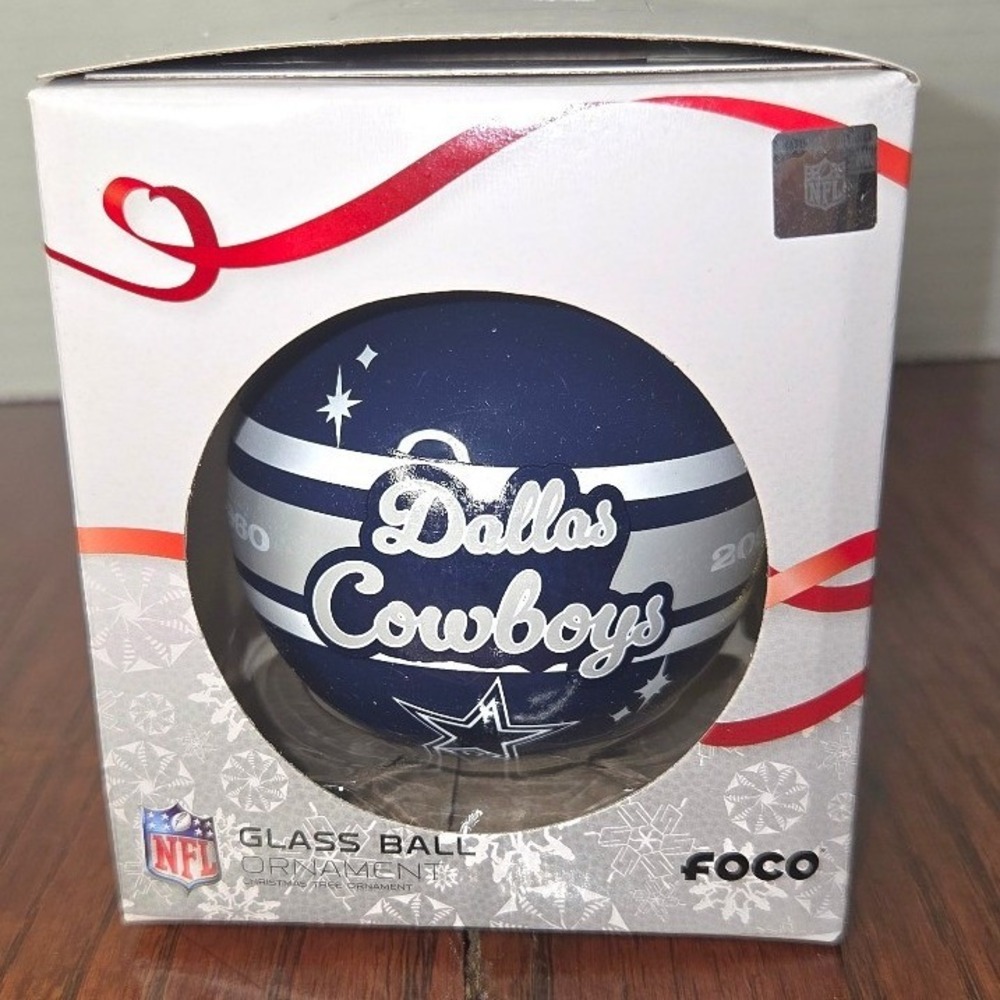 Dallas Cowboys NFL FOCO Glass Ball Christmas Ornament Navy Blue Silver 2025 1960
